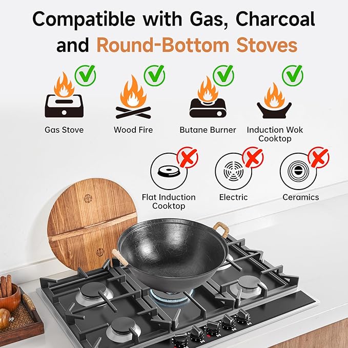 WANGYUANJI 11.8 Inch Handmade Cast Iron Wok with Dual Handles, Small Round-Bottom Chinese Wok for 1?? Servings, Uncoated Stir Fry Pan for Gas Stoves & Open Flame Cooking
