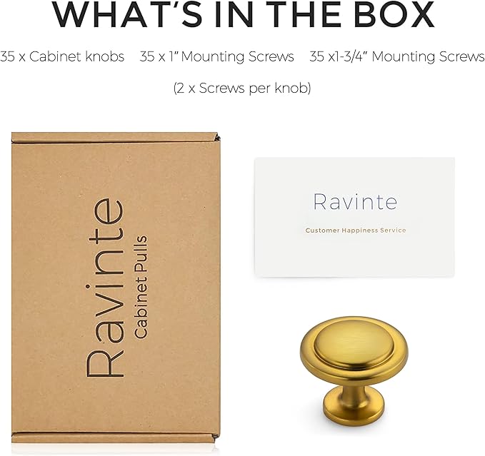 Ravinte 35 Pack 1-1/4 Inch Kitchen Cabinet Knobs Brushed Brass Zinc Pulls Door Handles for Dresser Drawers