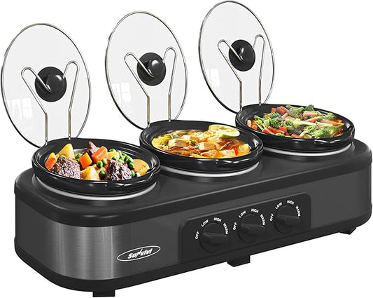 Sunvivi Triple Slow Cooker, Buffet Server & Warmer with 3 Removable Ceramic Pots, 3 Adjustable Temp Settings & 3 Metal Lid Rests, Stainless Steel, 3 * 1.5 Quarts Grey
