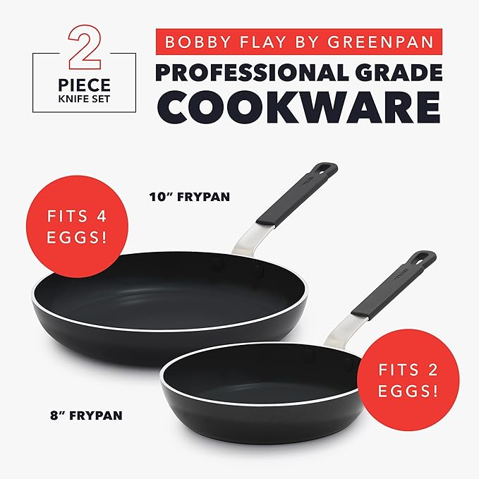 GreenPan x Bobby Flay 2 Piece- 8??and 10??Nonstick Frying Pan Skillet Set, PFAS-Free Diamond Ceramic, Induction Suitable, Stay-Cool Silicone Handle, Easy Clean Dishwasher & Oven Safe, Black