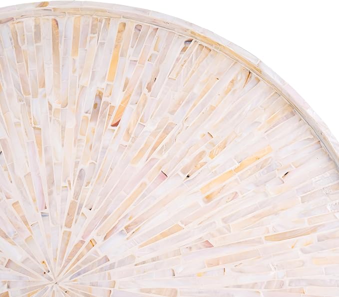 PEMAR 22" Round Mother of Pearl Extra Large Ottoman Tray with Raised Edge, Oversized Decorative Luxury Wooden Serving Tray for Food, Coffee Table, Breakfast in Bed (White Cream Sunlight)