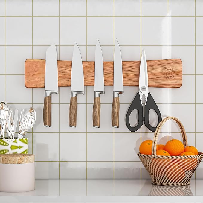 Premium Oak Wood Magnetic Knife Strip, 16" Magnetic Knife Holder for Wall with N52 Neodymium Magnets (Supreme Grade), Professional Knife Magnetic Strip Organizer for Kitchen Knives &Tools,No Drilling