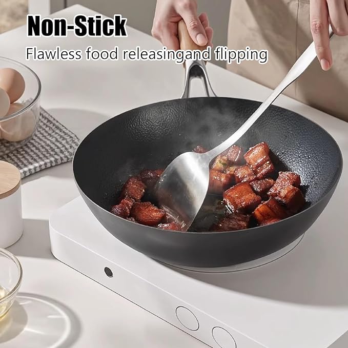 Titanium Hammered Wok with Lid, Pre-Seasoned Cast Iron Nonstick Stir-Fry Pan, Flat Bottom Wok, Scratch-Resistant Non Stick Titanium Pans for Cooking,12.6IN