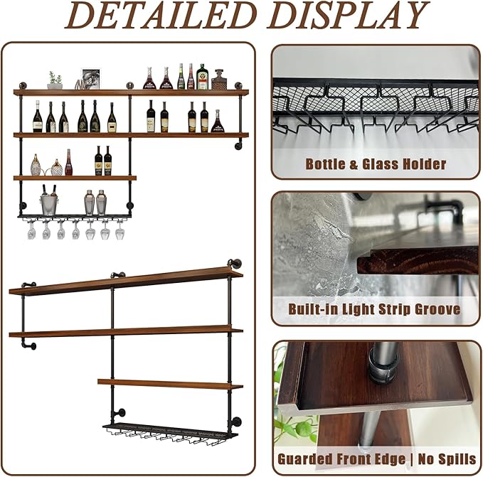 Solid Wood Wall Mounted Wine Rack, Large Wine Rack with LED Light, 4 Tiers Liquor Bottles Floating Shelves with Glass Holder, Industrial Bar Shelves for Home Bar Dining Room (31.5 in/ 80CM)