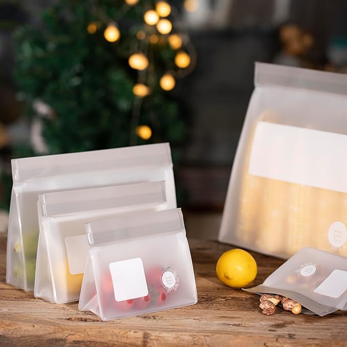 Reusable Food Storage Bags ??21-Pack Stand-Up, BPA-Free, Freezer, Dishwasher Safe & Eco-Friendly ??4 Gal, 6 L, 7 M, 3 S + Rack ??Airtight Leakproof Sandwich, Snack, and Meal Prep Bags (Grey)
