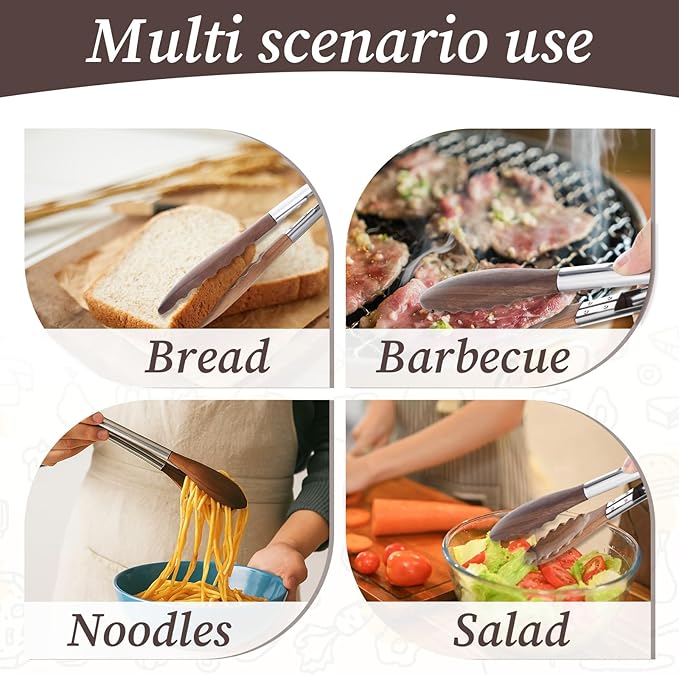 12 & 15 Inch Long Wooden Tongs for Cooking & Serving Food, Kitchen Stainless Steel Salad Tongs with Walnut Wood Tip, Smooth Locking & Hanging Cooking Utensils Set, Non-Slip, Heat Resistant, Pull Lock