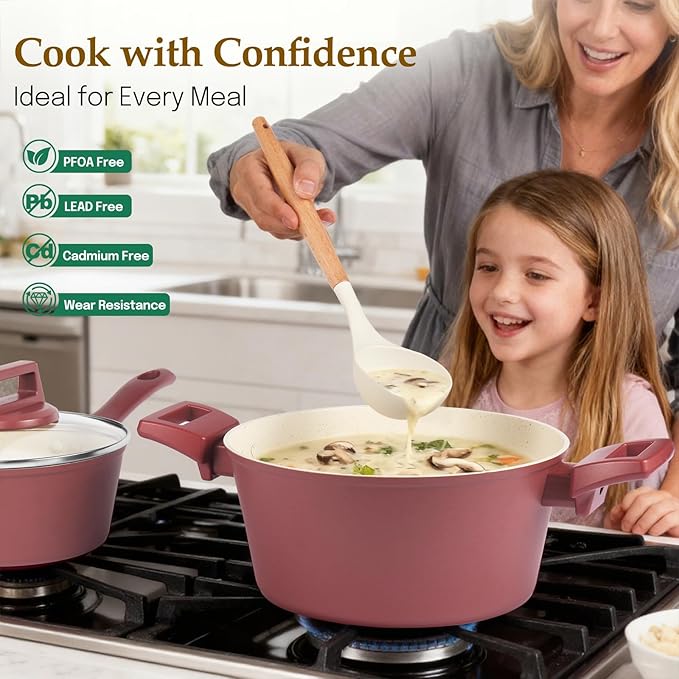 Pots and Pans Set Non Stick, 11 Pcs Kitchen Induction Cookware Set, Non Toxic Granite Nonstick Cooking Set with Frying Pan Set, Saucepans, Utensils, Reddish Brown