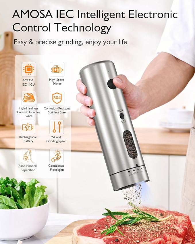Electric Salt and Pepper Grinder Set, Upgraded 2-Speed Setting, External 6 Adjustable Coarseness, USB C Dual Rechargeable Base, All Stainless Steel Automatic Salt & Pepper Mill Shakers with LED Light