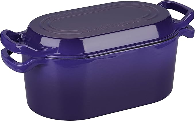 Oval Dutch Oven Pot with Lid, Enamel Coating Cast Iron Bread Pans for Homemade Sourdough Bread Baking, Cooking, 4 Quart, Purple