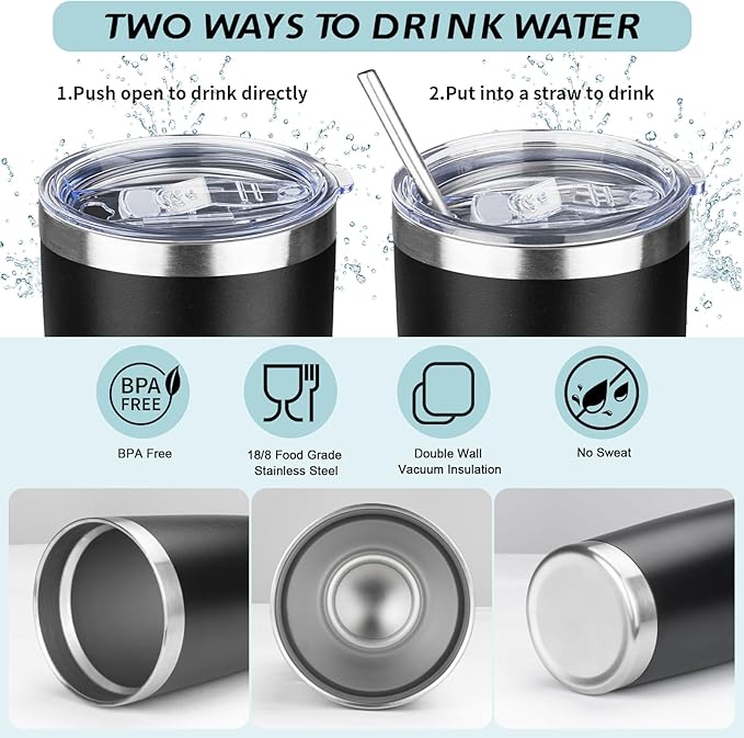 ATIKZHE 20oz Tumbler with Straw and Brush, Stainless Steel Vacuum Insulated tumbler, Double Wall Insulated Coffee Tumbler for Outdoor, Home, Travel,Office (Black,1pcs)