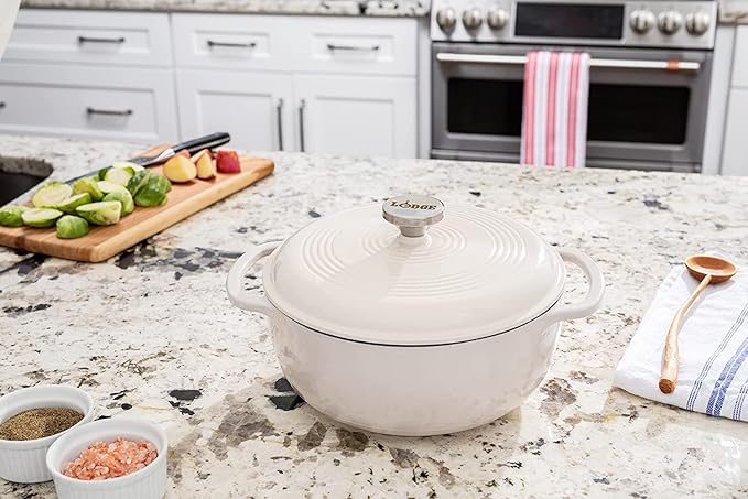 Lodge 3 Quart Enameled Cast Iron Dutch Oven with Lid ??Dual Handles ??Oven Safe up to 500째 F or on Stovetop - Use to Marinate, Cook, Bake, Refrigerate and Serve ??Oyster White
