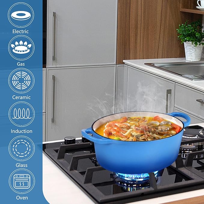 P&P CHEF Oval Dutch Oven with Lid, Enameled Cast Dutch Oven Pot for Bread Baking, Braising, Stewing, Roasting, Non-Stick & Oven Safe, Dual Handles & Easy Clean, 5QT & Blue