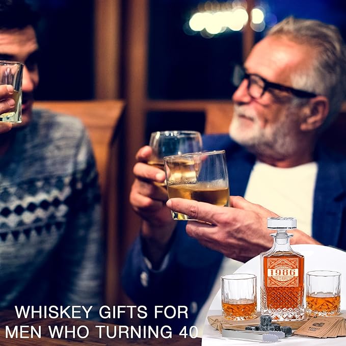 PONPUR 40th Birthday Gifts For Men Dad, 1986 Laser Whiskey Decanter Set with Gift Box, Anniversary Birthday Gift Ideas for Him Husband, 40 Years Bday Decorations, Whiskey Glasses & Whisky Stones Inc