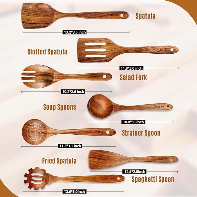 Wooden Spoons for Cooking, Wooden Utensils for Cooking Natural Teak Wooden Kitchen Utensils Set Comfort Grip (7 PCS SET)