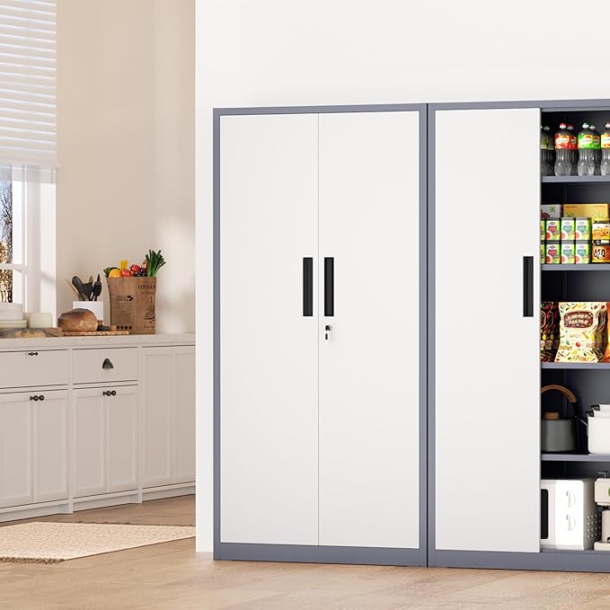 INTERGRAET 63" Tall Pantry Cabinet,Kitchen Pantry Storage Cabinets with 2 Doors and 4 Shelves,Gray White Metal Storage Cabinet,Cupboard for Home,Kitchen,Living Room/Dining