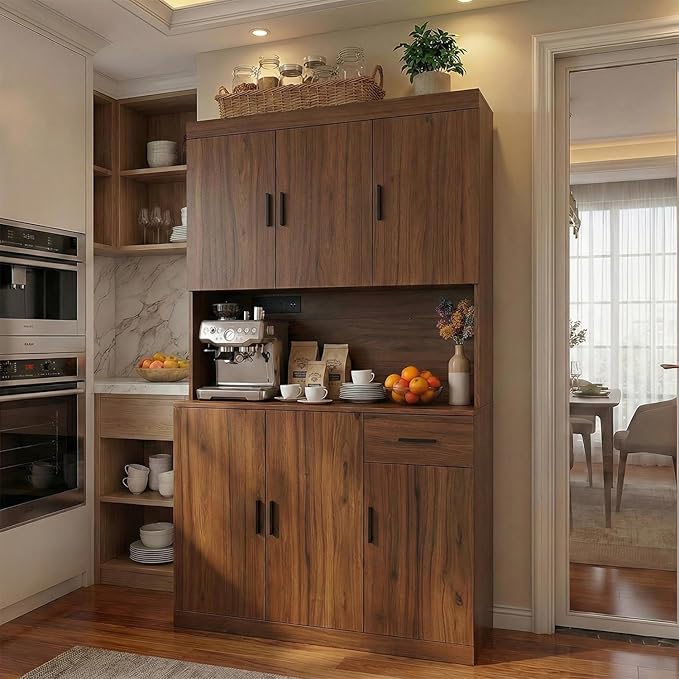 71 Inch Rustic Brown Pantry Cabinet with Power Outlet, Heavy-Duty Freestanding Kitchen Storage Organizer with Reinforced Frame, Pantry Hutch for Kitchen, Dining Room, Living Room