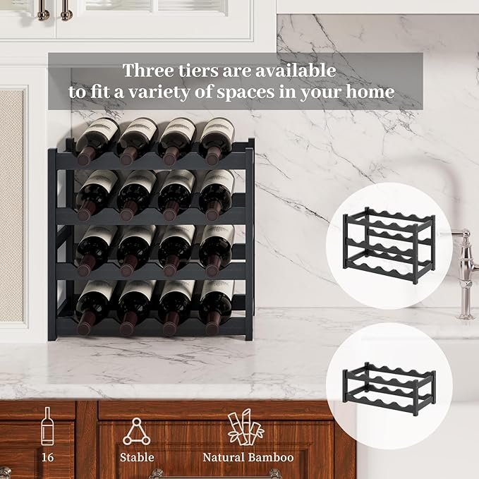 Wine Rack竊똁amboo Wine Storage Cabinet Shelf竊똂ountertop Wine Shelf- Freestanding Wine Holder for Kitchen & Pantry (Black, 4-Tier)