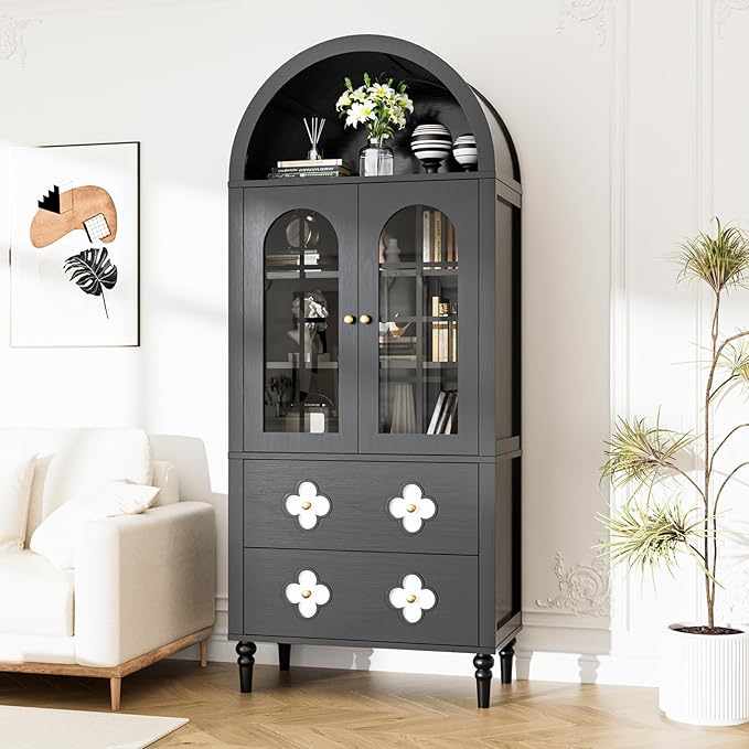 MOPHOTO Arched Cabinet, 71 in Arched Cabinet with Glass Doors, Modern Versatile Pantry Storage Cabinet with 2 Large Drawers for Living Room, Kitchen, Dining Room