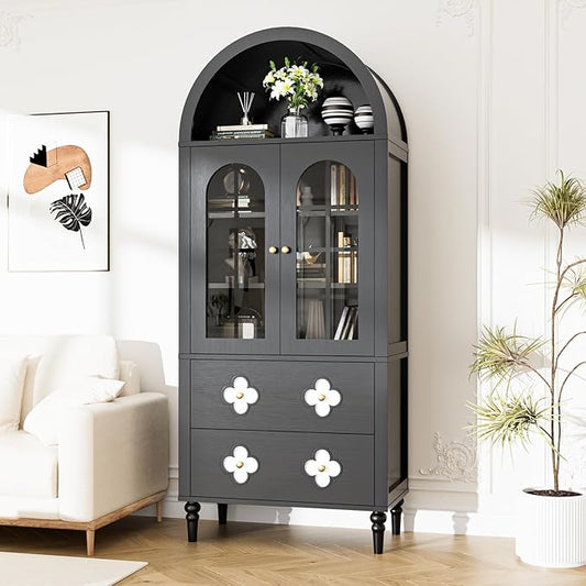 MOPHOTO Arched Cabinet, 71 in Arched Cabinet with Glass Doors, Modern Versatile Pantry Storage Cabinet with 2 Large Drawers for Living Room, Kitchen, Dining Room