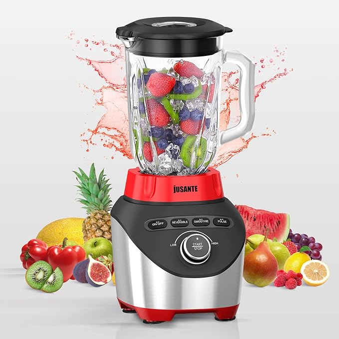 Blender, Countertop Blender for Smoothies with 64 oz Glass Jar Kitchen, 1200 Watts High Speed Juicer Blender Ice Crusher for Shakes Frozen Drinks (Red)