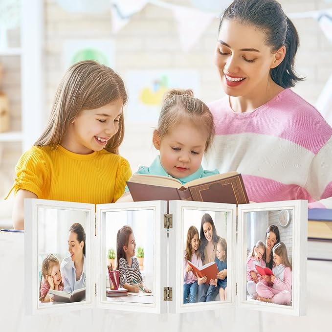 4x6 Four Picture Frame 4 Hinged Photo Frame with 4 Openings, Natural Wood Foldable Photo Frame with High Definition Acrylic for Birthday Father's Day Christmas Gift, Rustic Desk Family Picture Collage, White