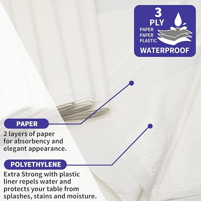[6 Pack] White Paper Tablecloth Disposable for Rectangle Tables, 54 X 108 Inch Party Table Cover with Plastic Backing, Waterproof 3 Ply Table Cloth for Wedding Valentine's Day Parties