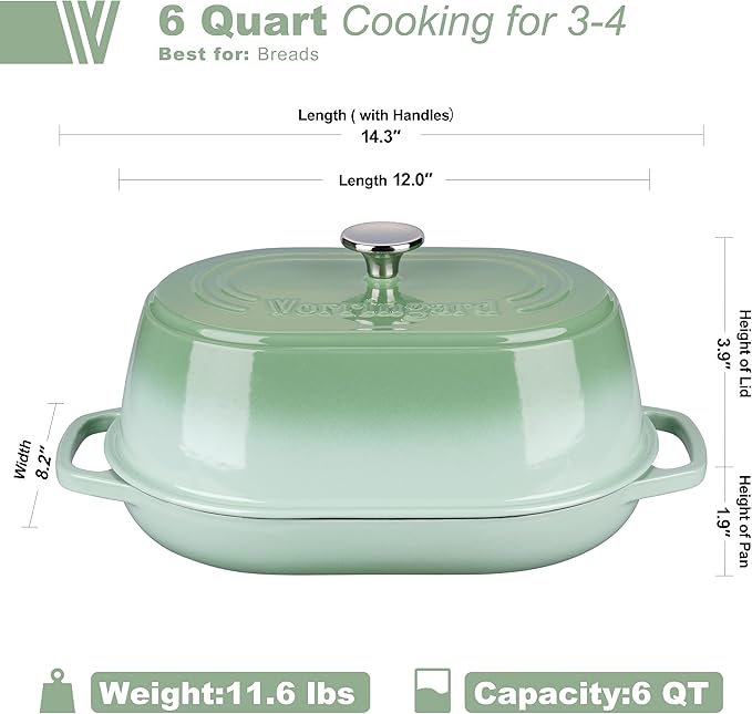 Enameled Cast Iron Dutch Oven Pot with Dome Lid, Oval Bread Oven for Homemade Sourdough Bread Baking, Oven Safe up to 500째F, 6 Quart, Green