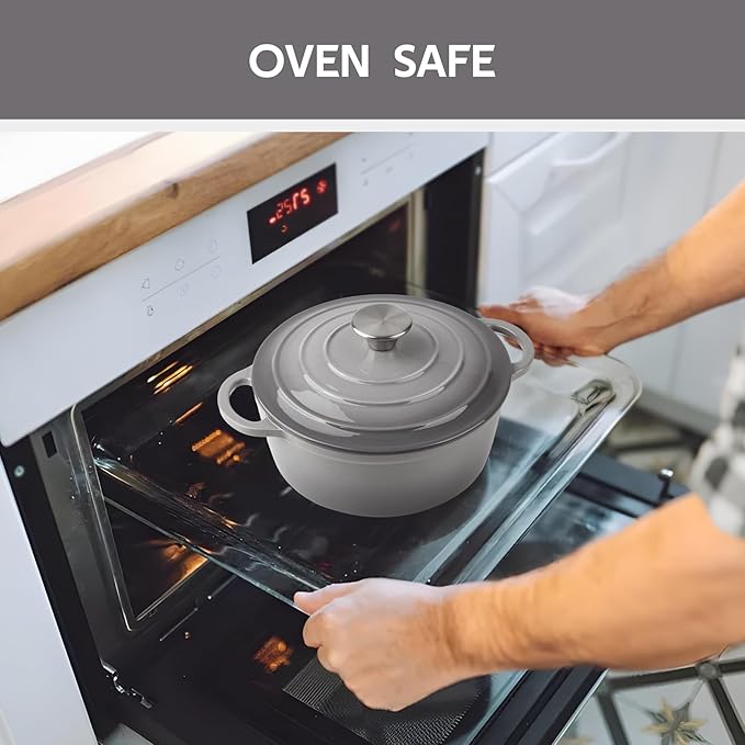 4.5 Quart Dutch Oven Enameled Cast Iron with Lid - Big Dual Handles - Oven Safe up to 500째F - Classic Round Pot for Versatile Cooking Light Gray