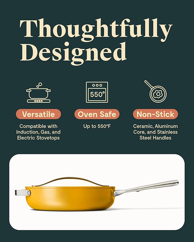 Caraway Nonstick Ceramic Saut챕 Pan with Lid (4.5 qt, 11.8") - Non Toxic, PTFE & PFOA Free - Oven Safe & Compatible with All Stovetops (Gas, Electric & Induction) - Marigold