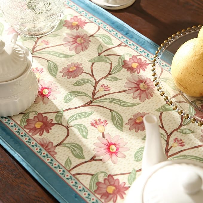 patdrea Designer French Elegant Wild Flowers Velvet Table Runner 118 Inch Long, Beige Pink Floral Table Mat, Decoration for Kitchen Dining Coffee Table Cabinet Banquet Thanksgiving,12"*118"