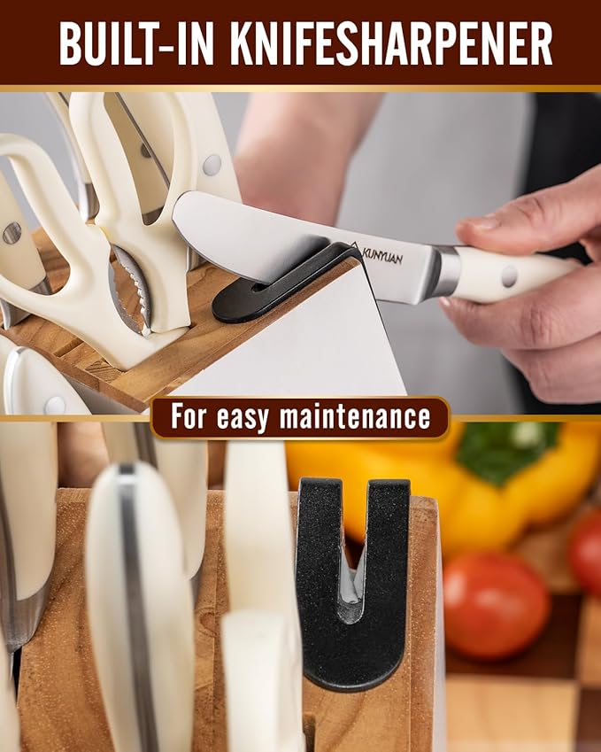 Knife Set, KUNYUAN 15 pieces Knife Sets for Kitchen,High Carbon German Stainless Steel Knife Block Set with Built in Sharpener Block,Dishwasher Safe Kitchen Knives, White
