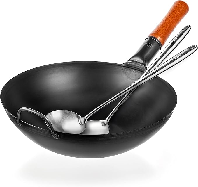 YOSUKATA Carbon Steel Wok and Stir Fry Pans 13,5 ??+ 17?쇺?Wok Spatula and Ladle