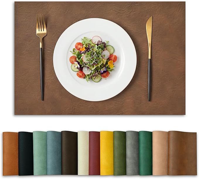 Artoid Mode Brown Faux Leather Placemats Set of 6, 12x18 Inch Waterproof Wipeable Heat Resistant Place Mats, Reversible Table Mats for Kitchen Dining Decor