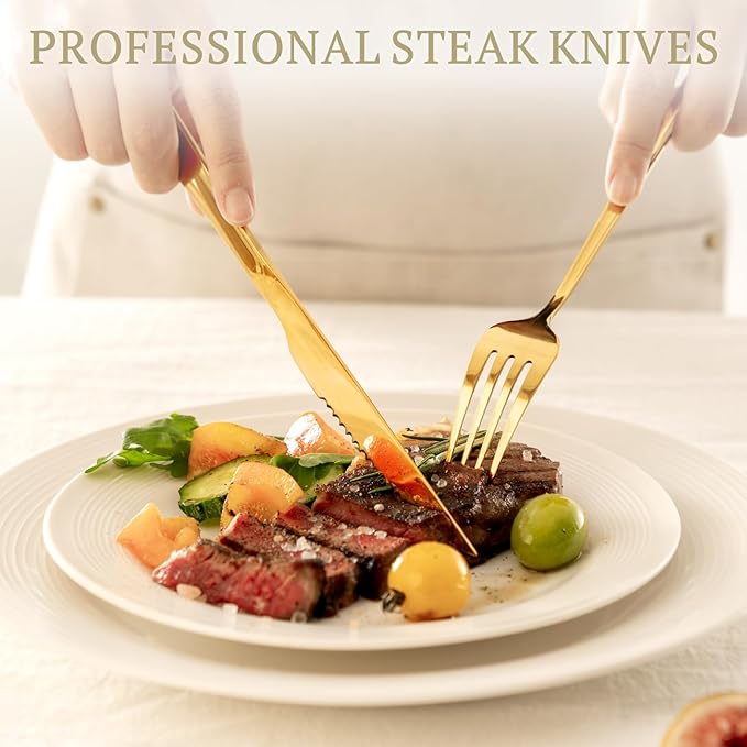 Astercook Silverware Set 48-Piece Gold Flatware Set with Steak Knives Food-Grade Stainless Steel Cutlery Set for 8 Mirror Polished Utensils Set Include Spoons and Forks for Home Kitchen Restaurant