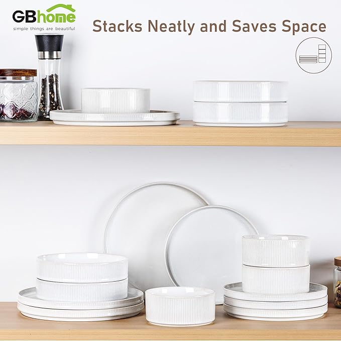 GBHOME Stoneware Dinnerware Sets for 4, Round Reactive Glaze Ceramic Plates and Bowls Set, Highly Scratch Resistant | Dishwasher & Microwave Safe 竊똕ervice for 4(12Pcs),Sugar White