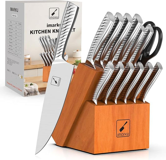 imarku 14-Piece Knife Set with Block, High Carbon Stainless Steel Kitchen Knives with Built-in Sharpener, Dishwasher Safe, Ergonomic Non-Slip Handle, Perfect for Home Cooks & Chefs, Brown