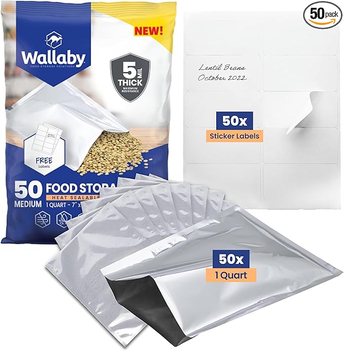 Wallaby 50 Count 1-Quart Mylar Bags with Labels, 5 Mil Total Thickness Long-Term Food Storage Pouches, 7x10 Heat-Sealable Airtight Packaging - Silver