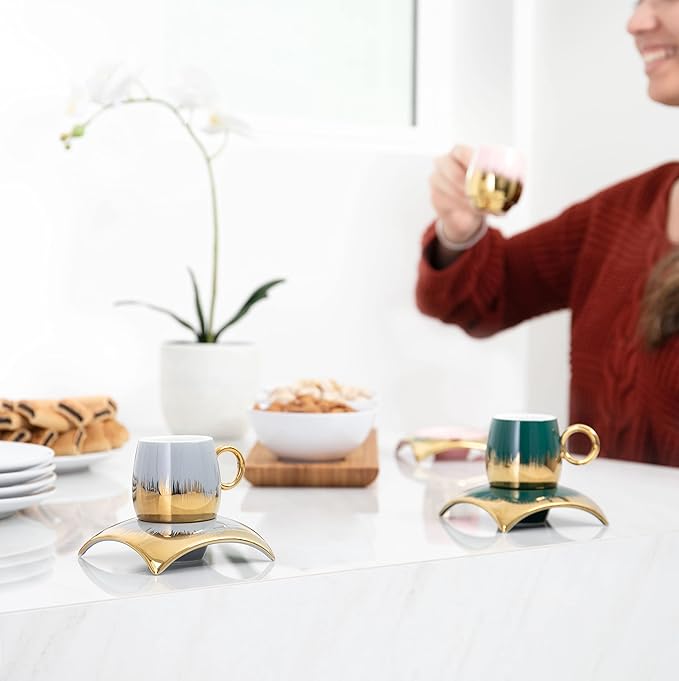 Turkish Coffee Cup Set of 6 with Saucers - Luxury Arabic Greek Japanese Marble Ceramic Tea Cups for Espresso Cappuccino Latte Mocha, Ideal Gift - 3.5oz,- Assorted Colors
