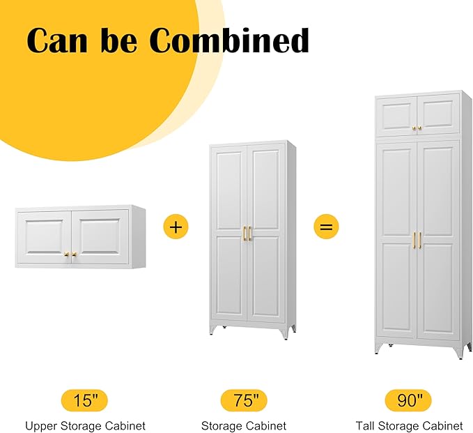Steeloong90??Kitchen Pantry Cabinet,Metal Storage Cabinets with Doors and 4 Adjustable Shelves,White Kitchen Cabinet with 2 Gold Handles,Tall Cabinet for Livingroom,Pantry, Bathroom