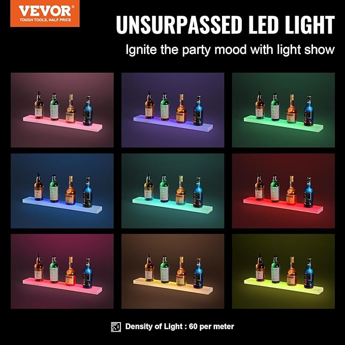 VEVOR LED Lighted Liquor Bottle Display, 1 Tier 30 Inch Wall Mounted Whiskey Rack Stand, 1 Step Commercial Illuminated Home Bar Shelf, Acrylic Drinks Light Shelves with RF Remote & App Control