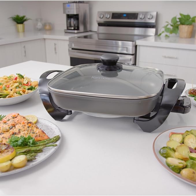 Kenmore Electric Skillet - Nonstick Frying Pan With Removable Glass Lid, Grill, Saute, Roast Chicken, Cook Pancake, 12x12" Temperature Control Easy Clean Countertop Kitchen Appliance