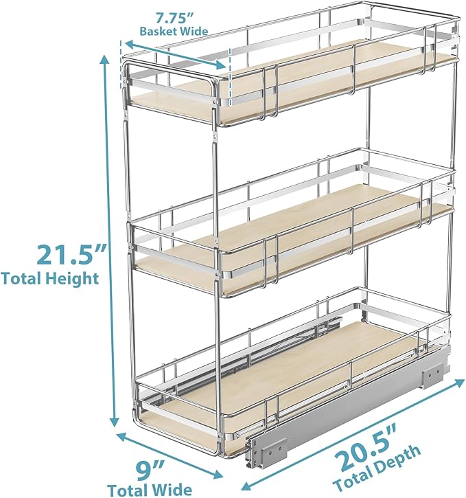 Pull Out Spice Rack Cabinet Organizer 9" W x 20쩍" D, 3 Tier Heavy Duty Slide Out Wood Shelf for Narrow Cabinet, Pull Out Storage for Kitchen