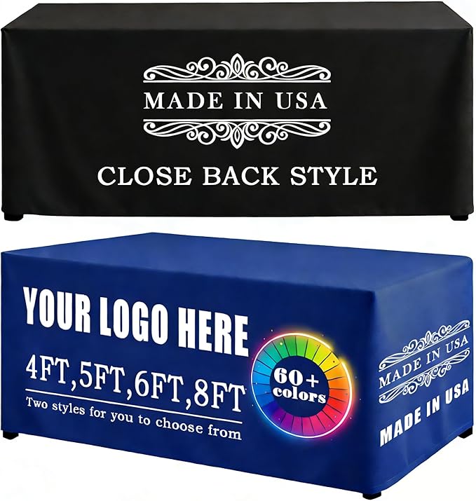 YOUYINYOU Shipping Next Day Custom Table Cloth with Logo Image Text 4/5/6/8/10FT for Business Tradeshow Events Company School Shop Other Important Events (4FT Open Back)