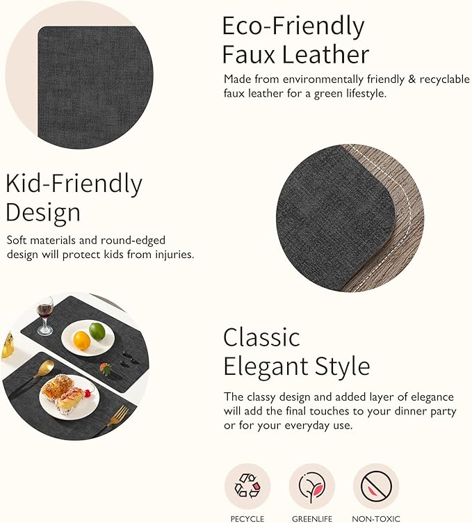 Maxpearl Faux Leather Placemats Set of 4, Waterproof - Wipe Clean - Heat Resistant - Anti Slip Dining Table Place Mats, Suitable for Indoor & Outdoor Use, 17?쇺쇒?2?쇺? Black