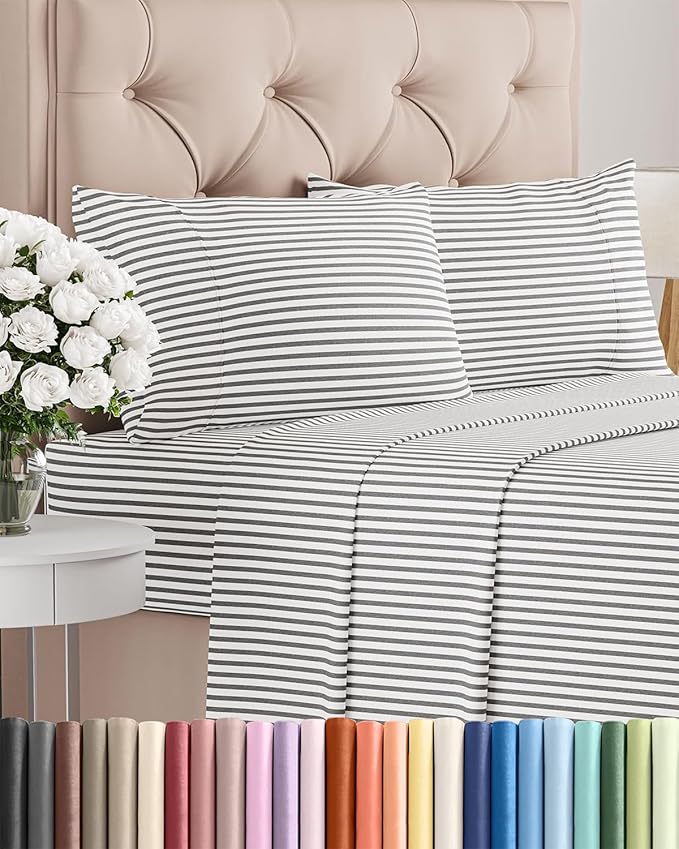 Twin 4 Piece Sheet Set - Cooling & Breathable Bed Sheets - Hotel Luxury Bed Sheets for Women, Men, Kids & Teens - Bedding w/Deep Pockets & Easy Fit - Soft & Wrinkle Free - Twin Grey Stripes Sheets