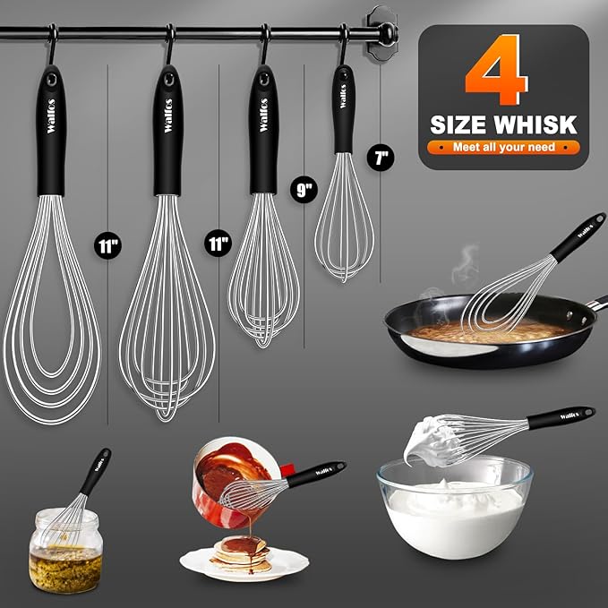 Walfos Whisk,Whisks for cooking set, 304 Stainless steel Whisks,Heat Resistant 600째F.Perfect for Blending Beating Stirring - 11inFlat Whisk and 7+9+11in Balloon Whisk
