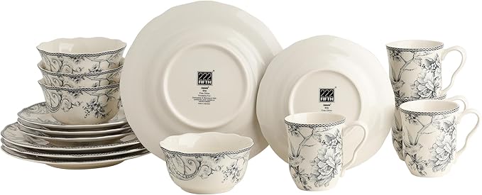 222 Fifth Adelaide 16-Piece Casual Grey Porcelain Dinnerware Set ??Service for 4, Classic Toile Bird & Floral Design, Microwave & Dishwasher Safe, for Everyday Dining & Entertainment