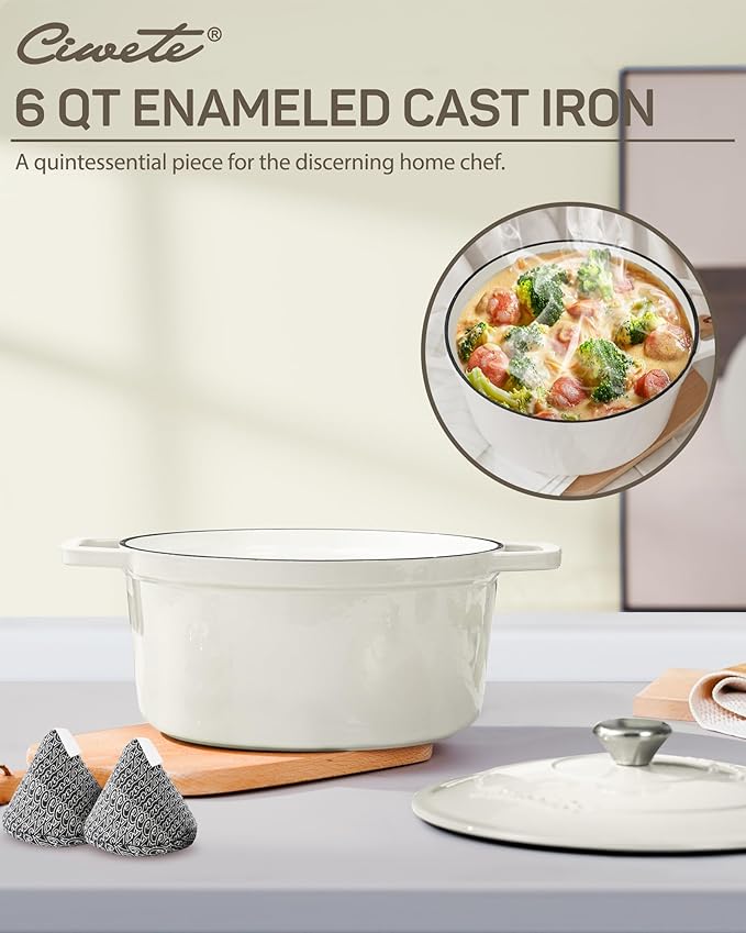 6.5 Quart Enameled Cast Iron Dutch Oven, Dutch Oven Pot with Lid for Bread Making, Braiser, Cooking, Dual Handles, White