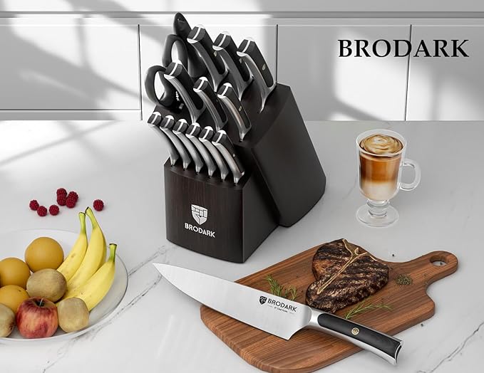 BRODARK Knife Set 15 PCS, Chef Knife Set with Block and Sharpener, High Carbon Stainless Steel Knife Block Set, Ergonomic Pakkawood Handle for Kitchen Cooking