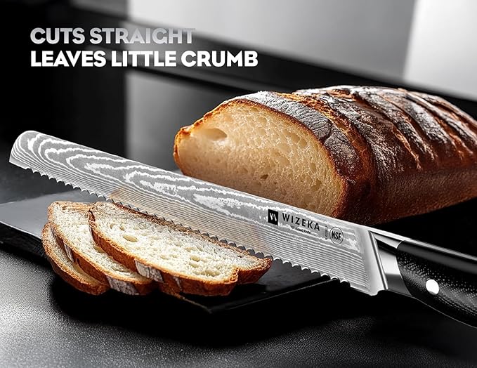 WIZEKA 10 inch Damascus Serrated Bread Knife for Homemade Bread: Razor Sharp VG10 Damascus Steel Multifunction Serrated Knife for Slicing Homemade Bread, Bagels, Cake